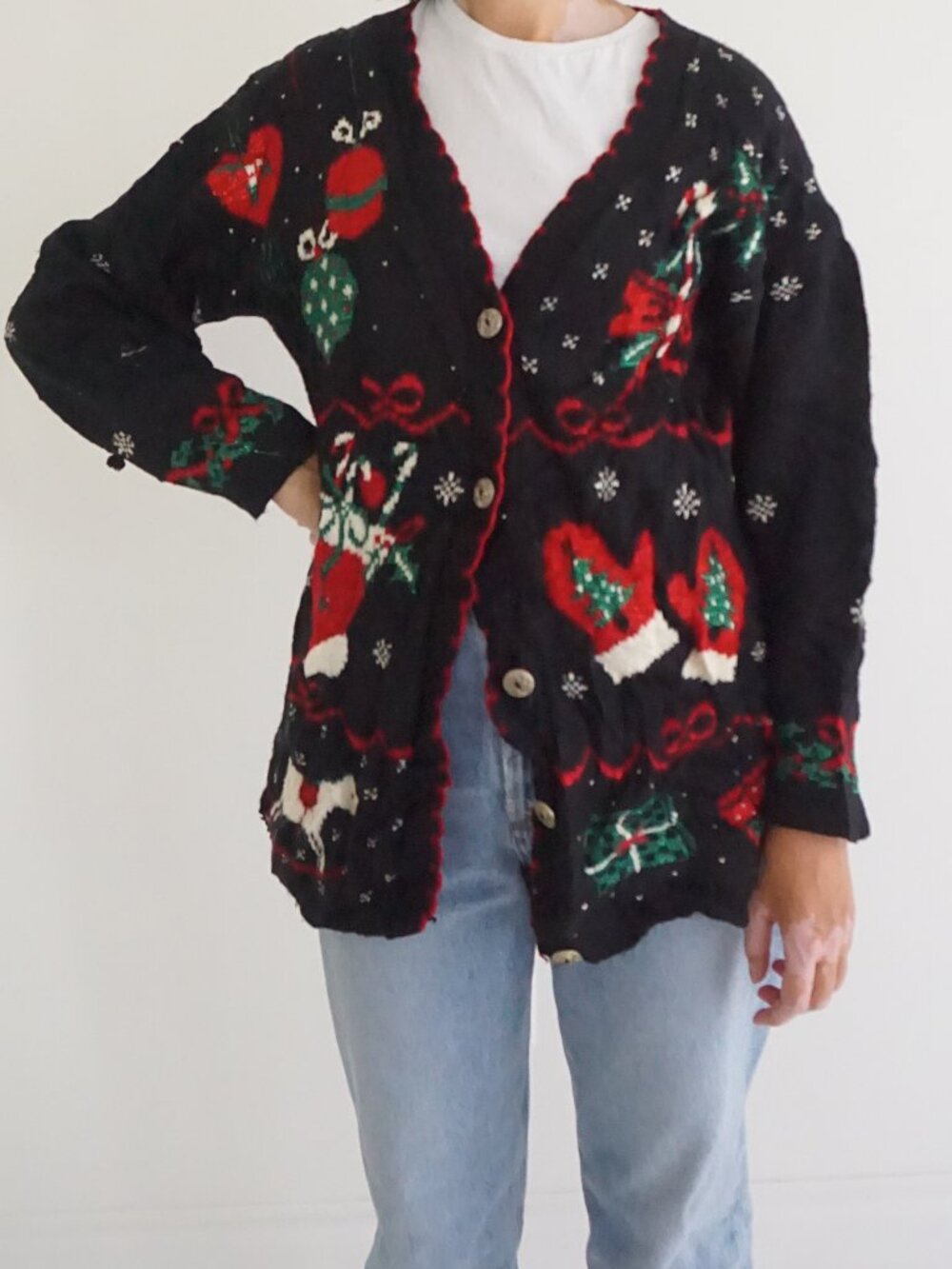 Vintage Nutcracker Black Christmas Ornaments Snowflakes Knit Cardigan M